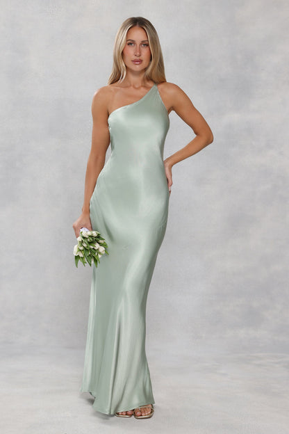 The Evangeline One Shoulder Satin Maxi Dress Sage Green