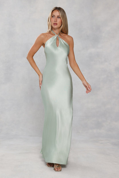 The Delilah Satin Halter Maxi Dress Sage Green