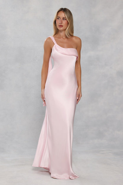 The Zafira One Shoulder Satin Maxi Dress Light Pink