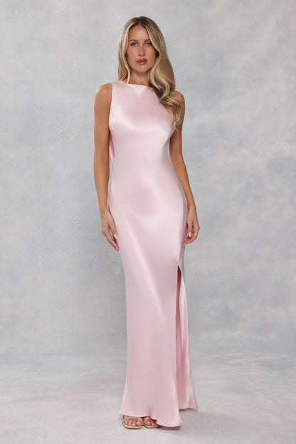 The Blaire Backless Satin Maxi Dress Light Pink