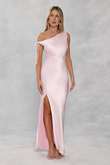 The Clover Off Shoulder Satin Maxi Dress Light Pink