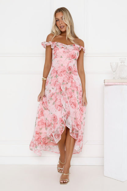 Whispering Blossoms Off Shoulder Maxi Dress Pink