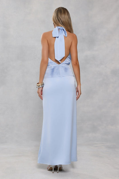 Silken Society Halter Satin Maxi Dress Blue