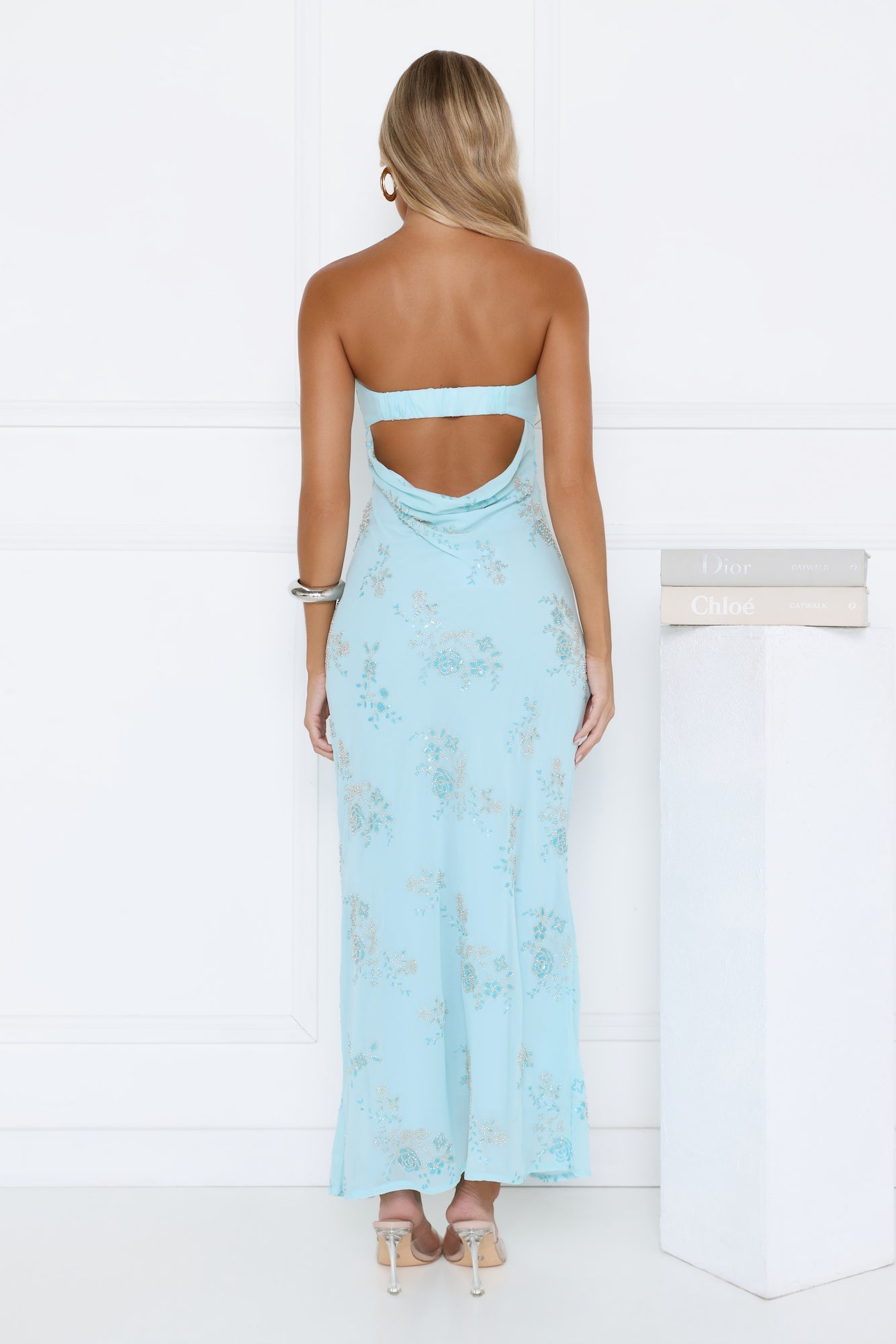 Sparkling Floral Embellished Strapless Maxi Blue