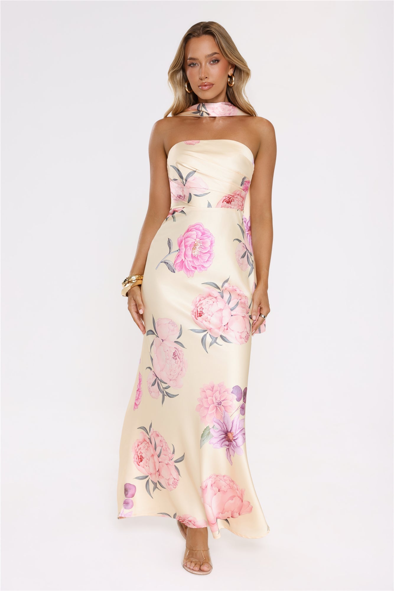 Chic Blooms Satin Maxi Dress Yellow