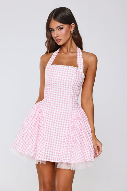 Enchanted Lily Gingham Mini Dress Blush
