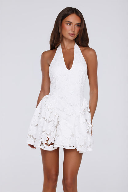 Seashell Serenade Embroidered Halter Mini Dress White