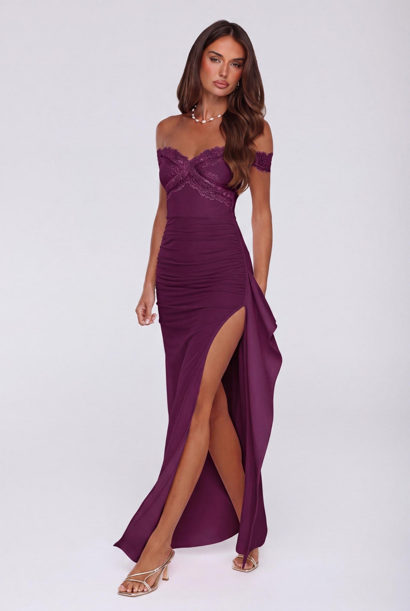 Ethereal Lace Off Shoulder Maxi Dress Plum