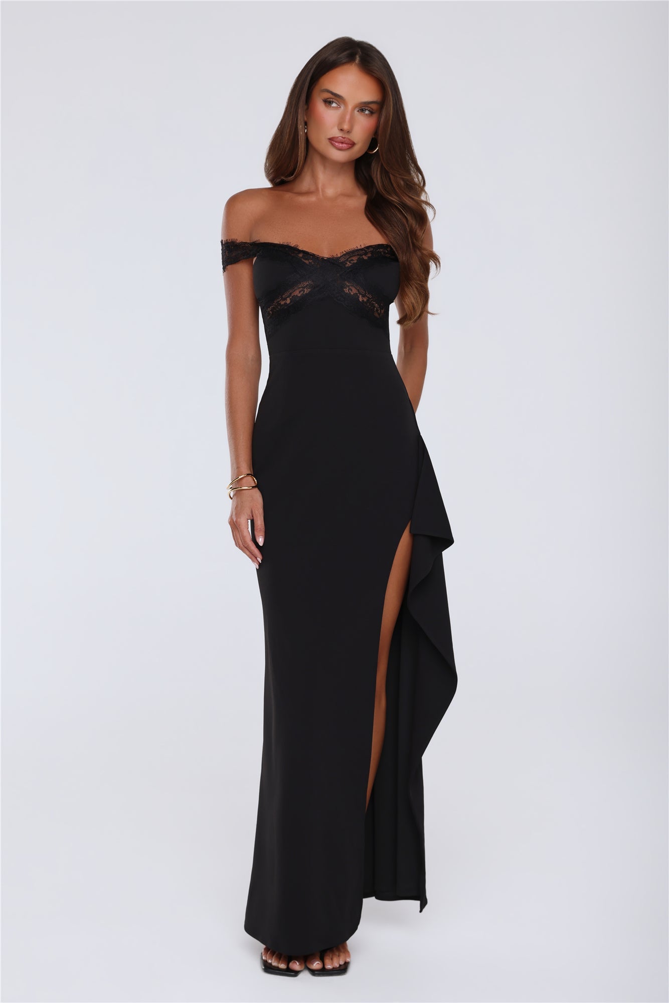 Ethereal Lace Off Shoulder Maxi Dress Black