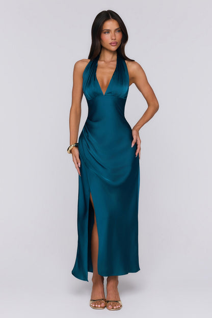 First Class Energy Halter Satin Maxi Dress Teal