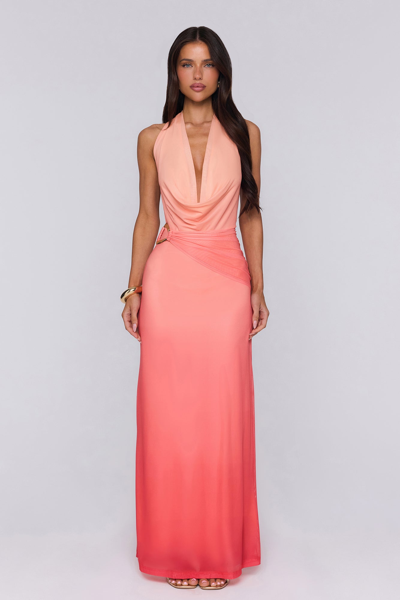 Rose Confession Halter Mesh Maxi Dress Peach