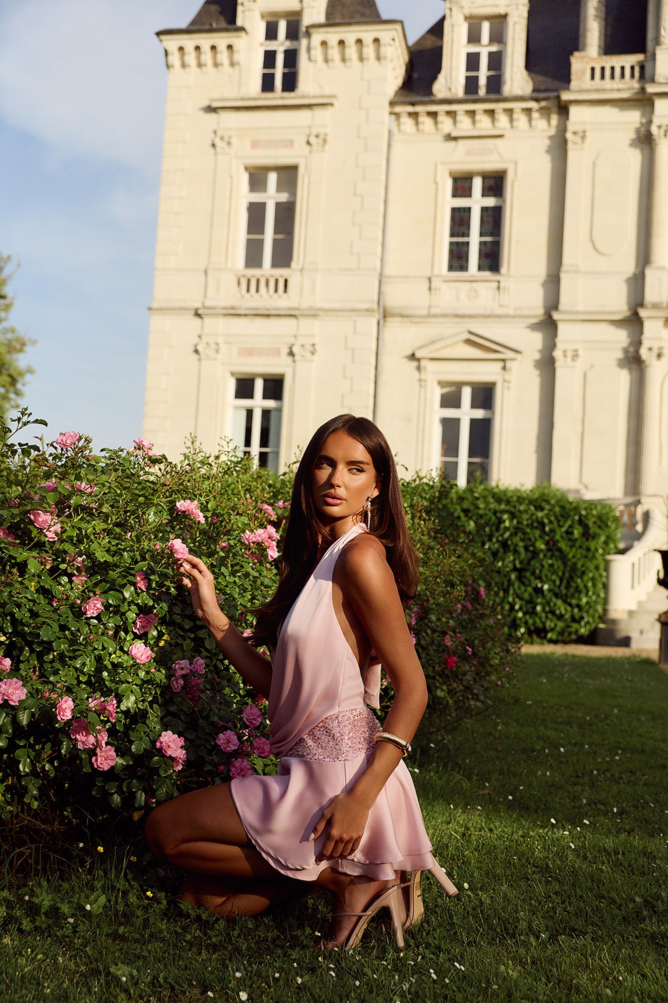 Lush Lovely Satin Embellished Halter Mini Dress Pink