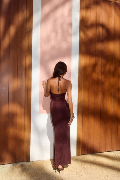 Luxe Refinement Halter Maxi Dress Brown