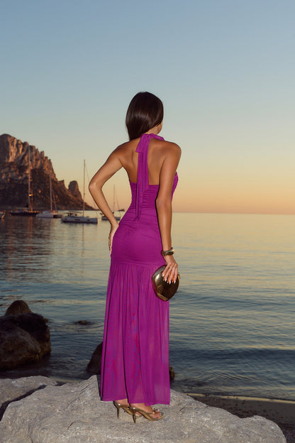 Starry Romance Mesh Halter Maxi Dress Plum