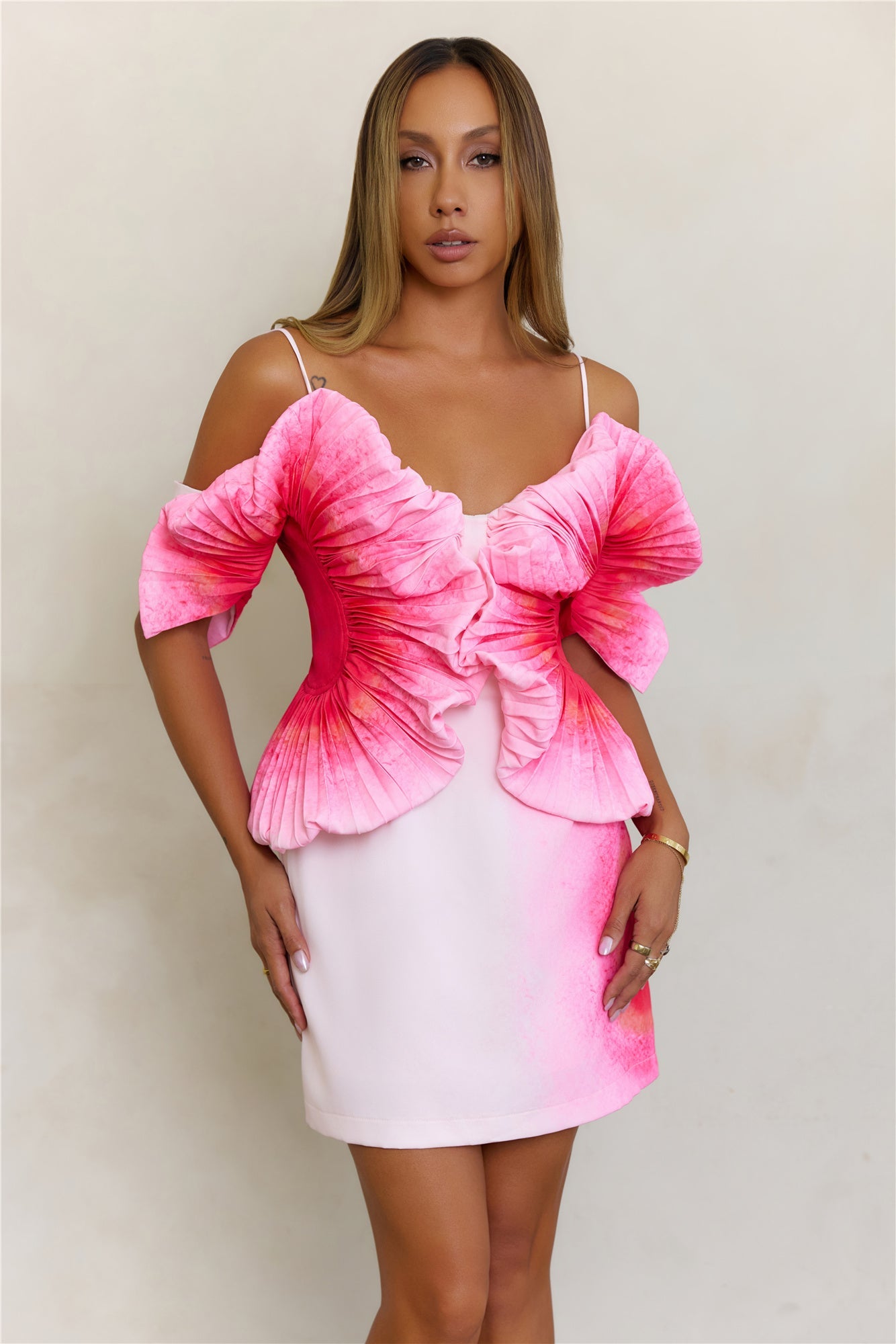 Sculptural Art Pleated Off Shoulder Mini Dress Pink