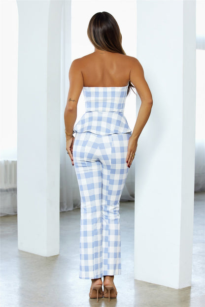 Picnic Perfect Gingham Strapless Peplum Top Blue