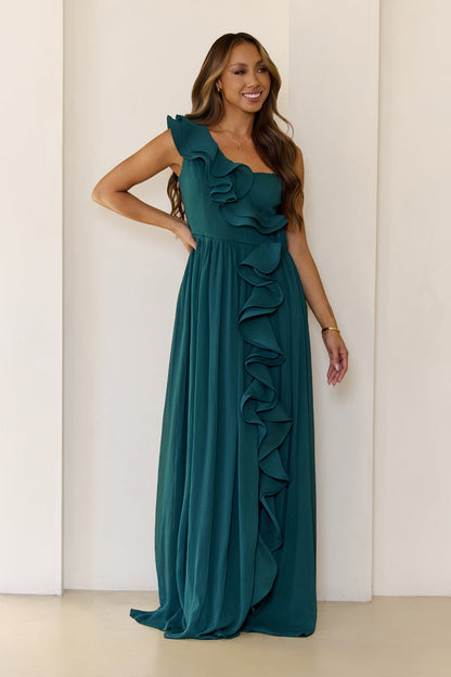 Elegant Frill One Shoulder Maxi Dress Green