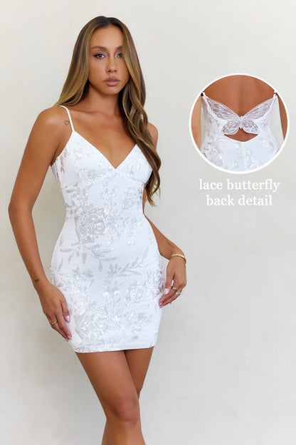 Sparkling Entrance Sequin Butterfly Mini Dress White