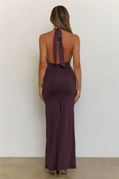 Starlit Heat Halter Maxi Dress  Chocolate