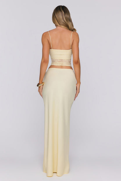 Candy Lemon Satin Lace Maxi Skirt Yellow