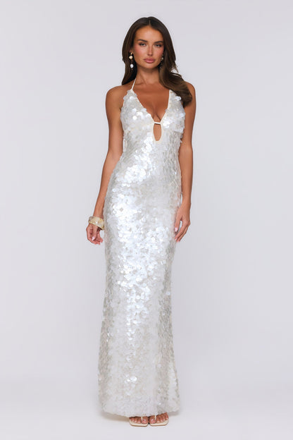 Sparkling Affair Sequin Halter Maxi Dress Ecru White