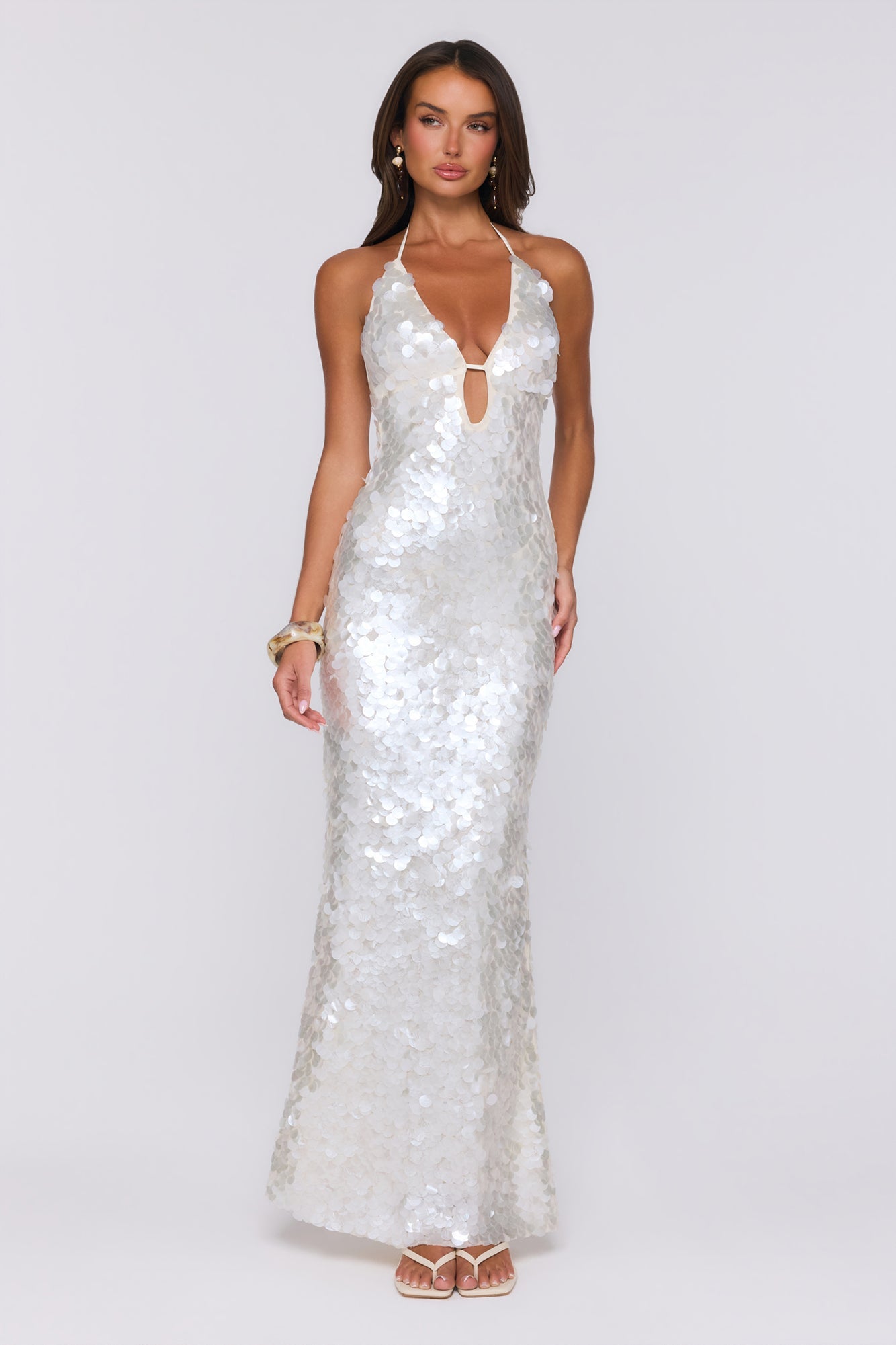 Sparkling Affair Sequin Halter Maxi Dress Ecru White