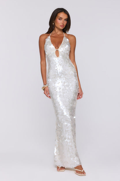 Sparkling Affair Sequin Halter Maxi Dress Ecru White