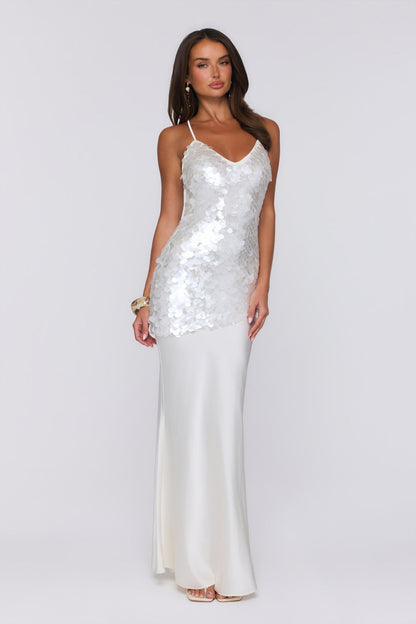 Shimmer Glow Sequin Maxi Dress Ecru White
