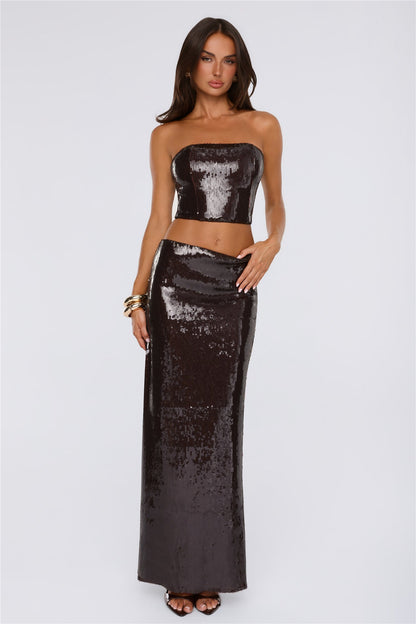Shine Into Chic Sequin Strapless Corset Top Chocolate