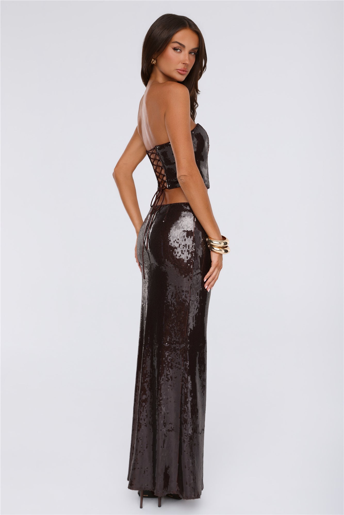 Shine Into Chic Sequin Strapless Corset Top Chocolate