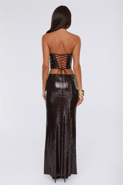 Shine Into Chic Sequin Strapless Corset Top Chocolate