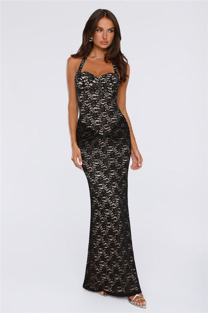 Delicate Daydream Halter Lace Maxi Dress Black