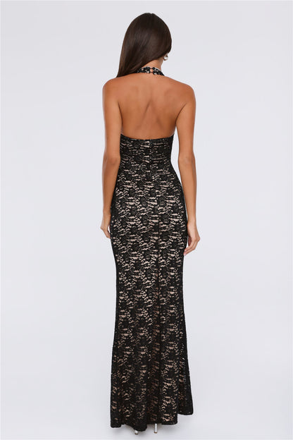 Delicate Daydream Halter Lace Maxi Dress Black