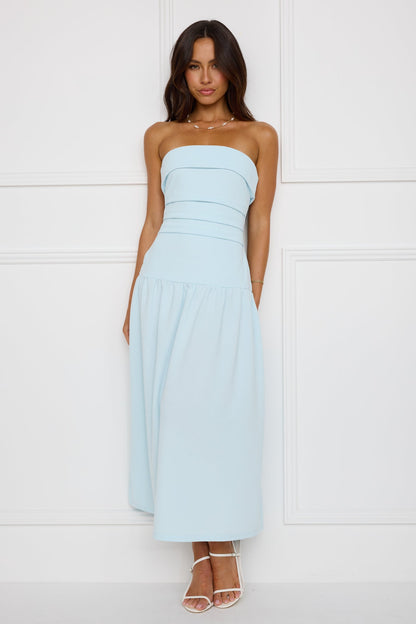 Effortlessly Posh Strapless Midi Dress Blue