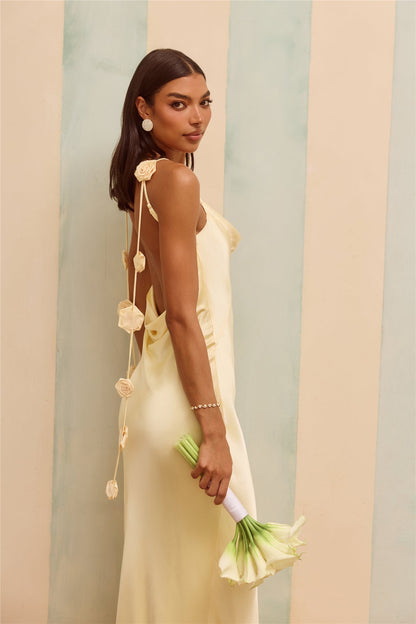 The Flora Satin Maxi Dress Yellow