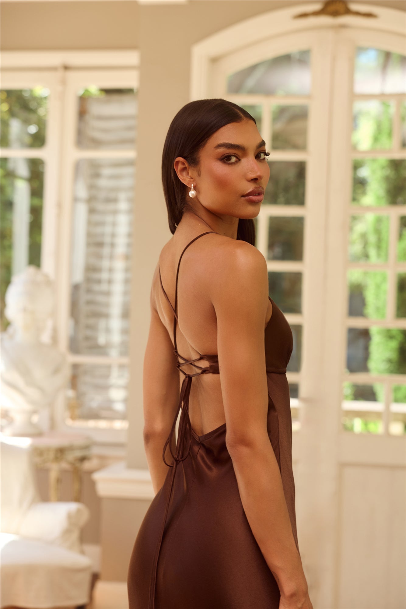 The Samara Satin Maxi Dress Chocolate Brown