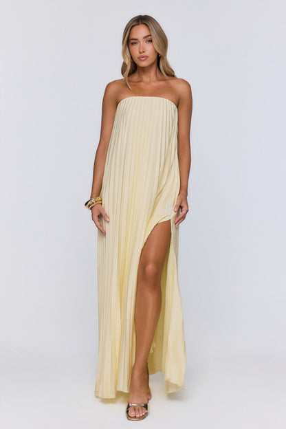 Moonlit Sea Pleated Strapless Maxi Dress Lemon