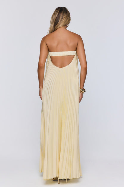 Moonlit Sea Pleated Strapless Maxi Dress Lemon