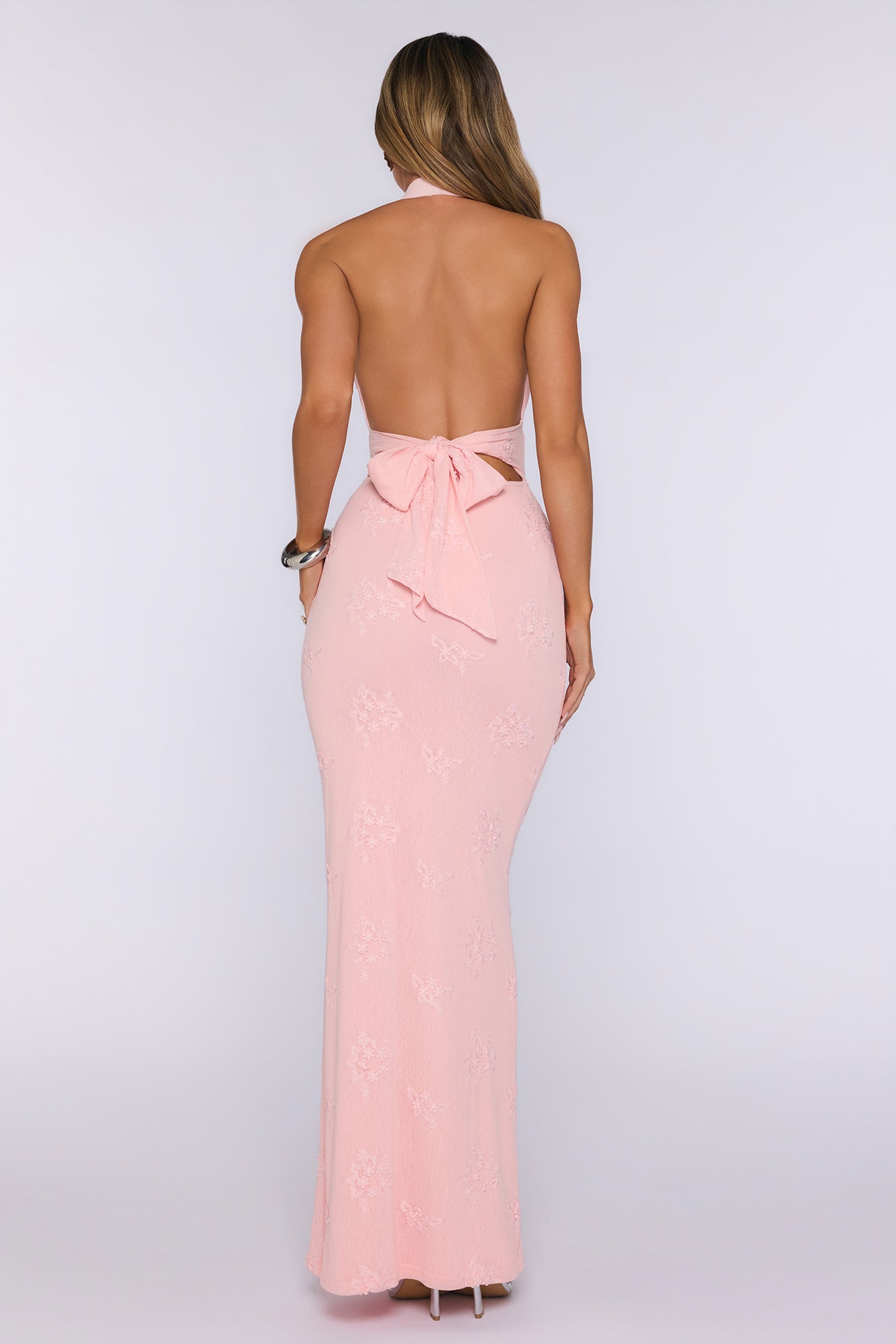 Peachy Whimsy Knit Halter Maxi Dress Pink