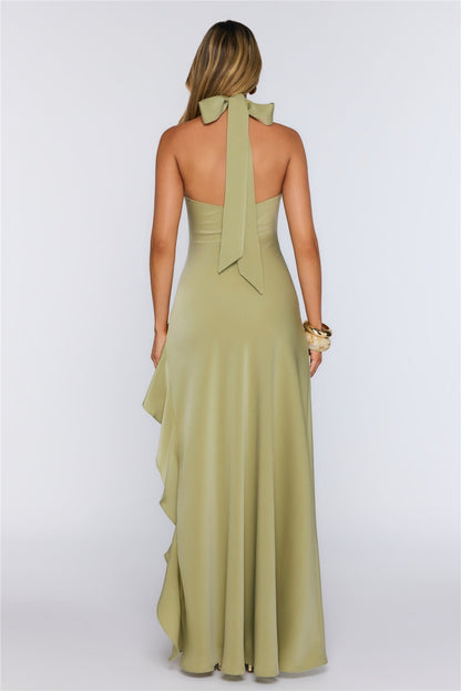 Dreamlight Halter Satin Maxi Dress Khaki