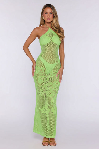 Havana Sunset Knit Halter Maxi Dress Lime Green