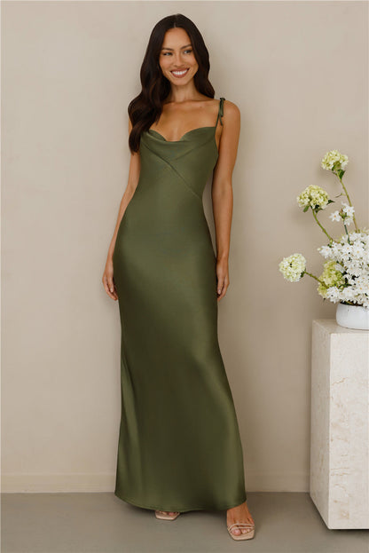 The Penelope Cowl Satin Maxi Dress Olive