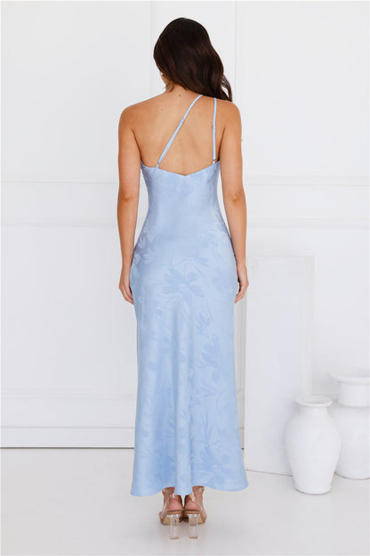 Exotic Bloom One Shoulder Satin Maxi Dress Blue