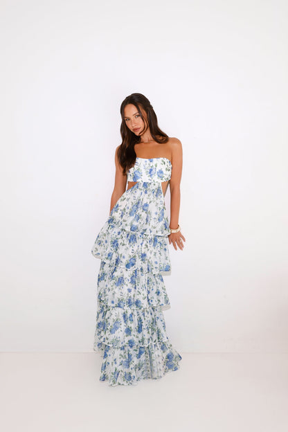 Bloom Spell Strapless Maxi Dress Blue