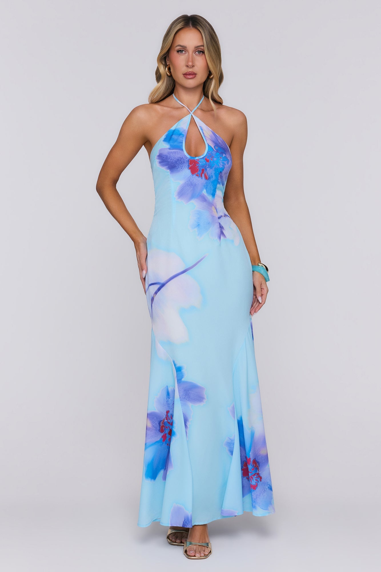 Blooming Tide Halter Maxi Dress Blue