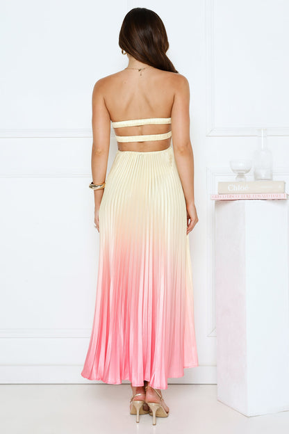 Melting Sunset Satin Strapless Maxi Dress Yellow