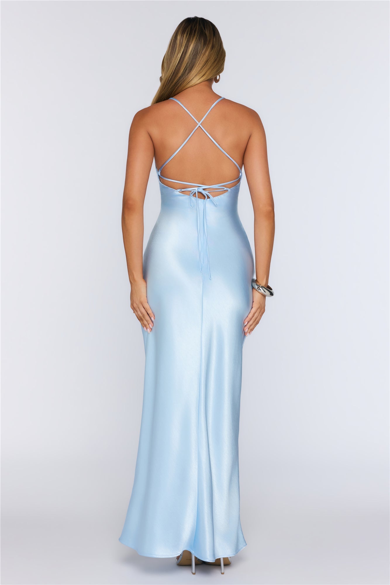 Satin Lace Twist Front Crisscross Maxi Dress Blue