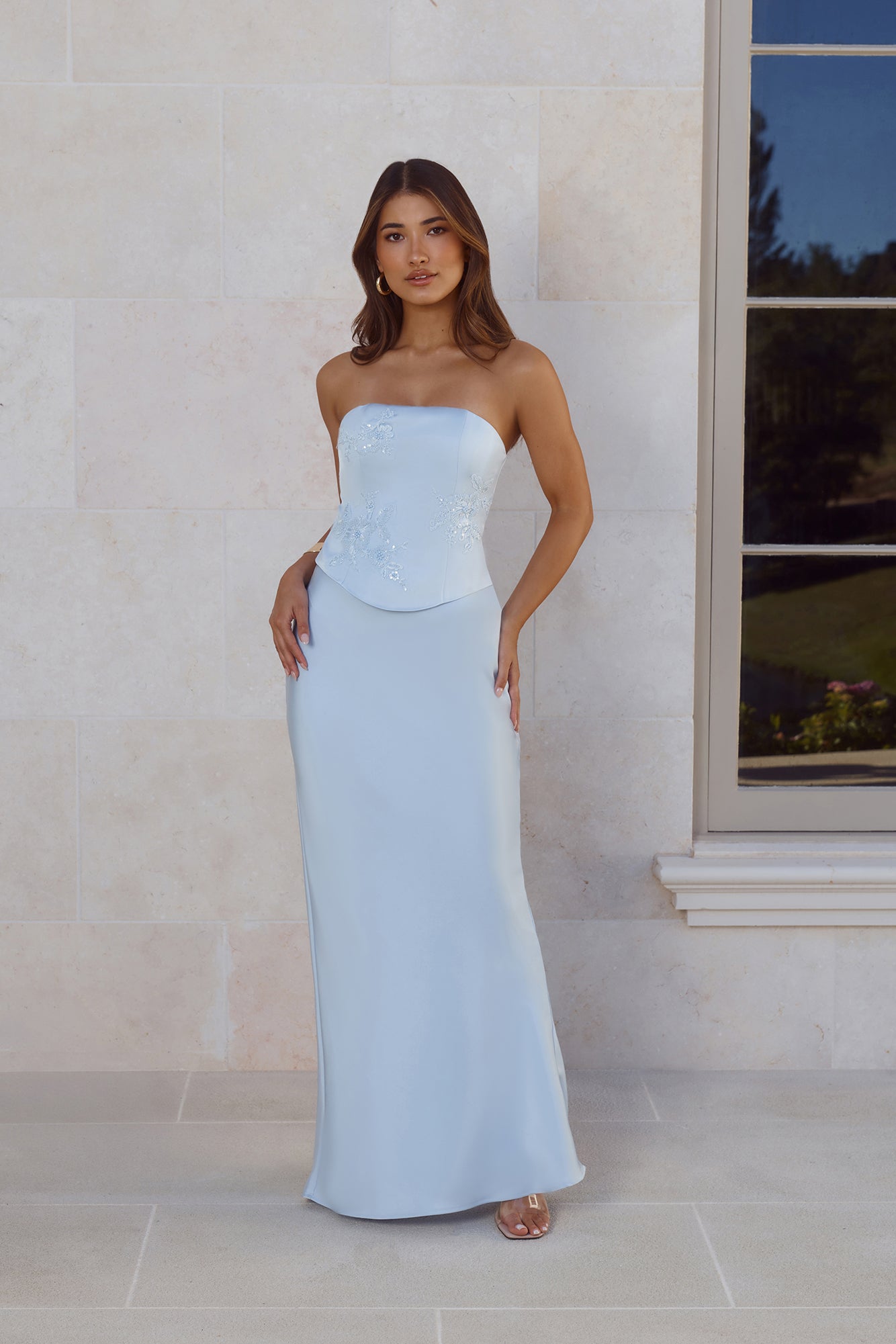 Golden Isle Strapless Satin Maxi Dress Blue