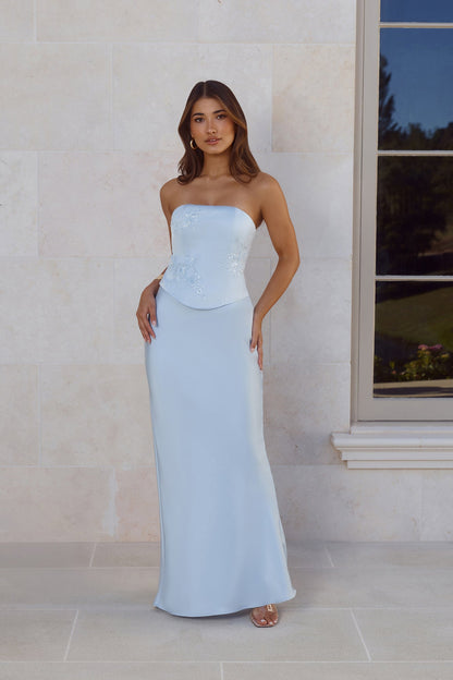 Golden Isle Strapless Satin Maxi Dress Blue