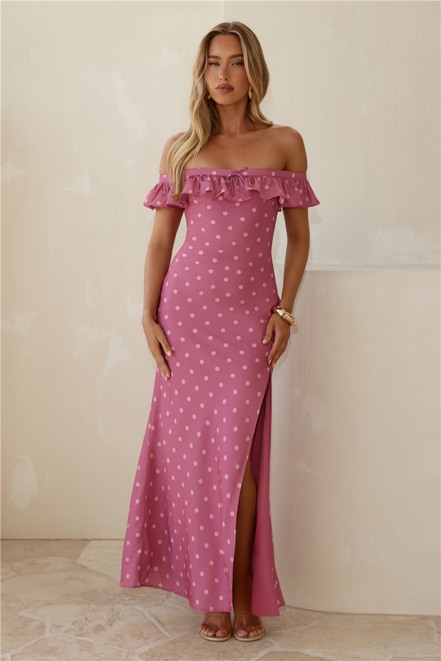 Dotted Delight Off Shoulder Maxi Dress Magenta